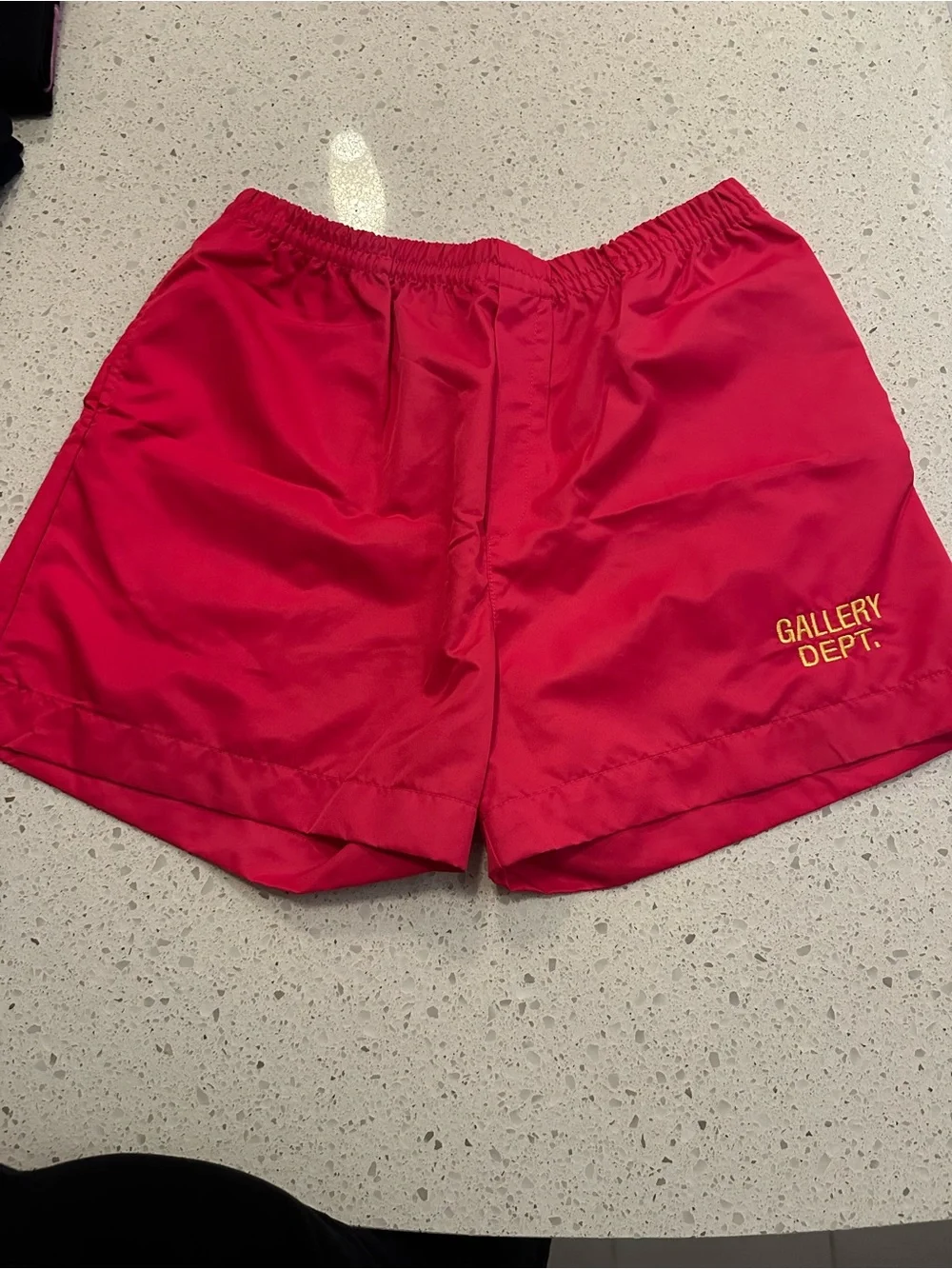 Gallery Dept Red Athletic Shorts with Yellow Embroidered Logo